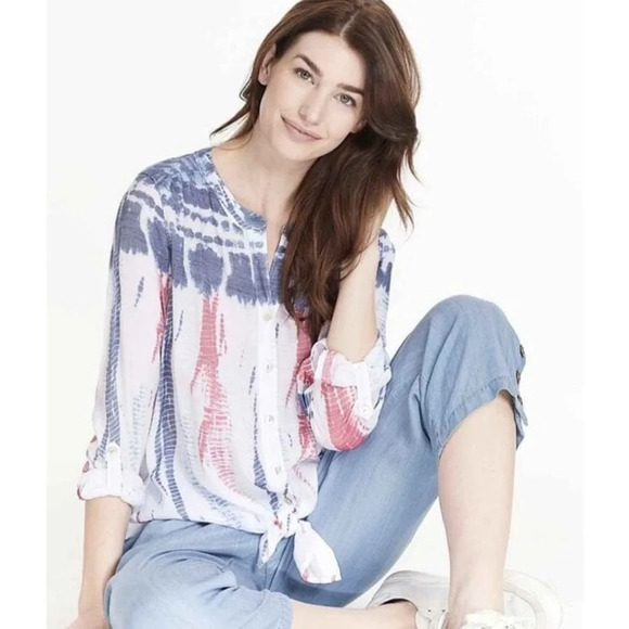Multiples Liberty Print Button Down Tab Sleeve Button Down Top NWT 2X - Picture 1 of 7